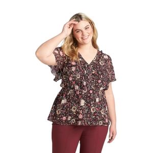 NWT Lane Bryant  Floral Blouse w/ Flutter Sleeves, Gathered Elastic Waist - 22